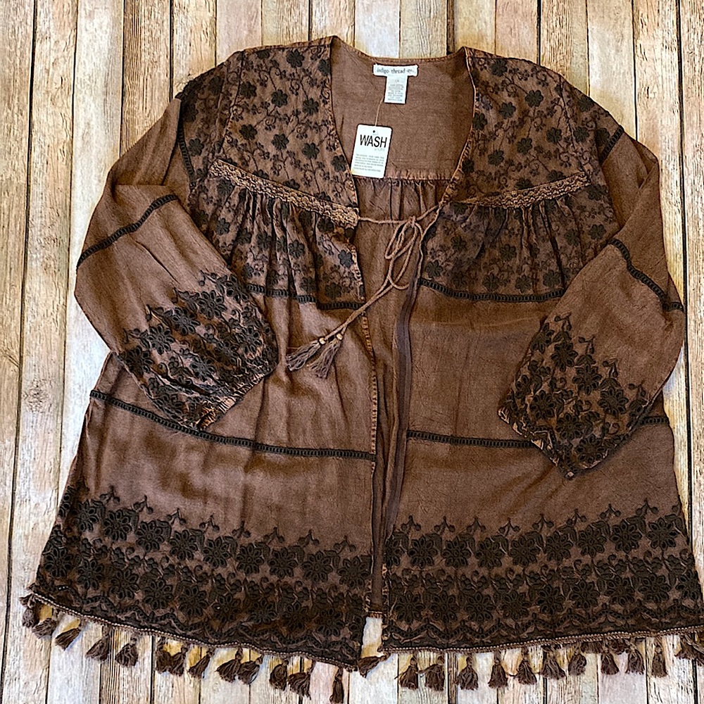 NWT Indigo Thread Co 1X overlay boho style brown with embroidery, acid wash look